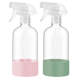 JohnBee Glass Spray Bottles with Silicone Sleeve, 2 Pack16 oz Empty Refillable Containers with Adjustable Spray Nozzles, Spray Bottles for Hair, Cleaning Solutions and Plants Olive Green&Pink