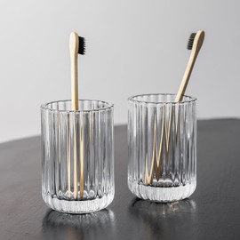 2 piece Simple Transparent Vertical-Striped Bathroom Glass Toothbrush Cup and Holder Set