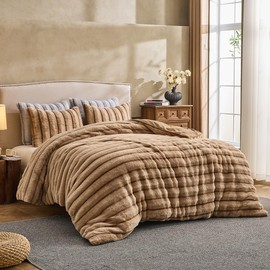 Gusuhome Fluffy Faux Rabbit Fur Comforter Cover Set King Size - Ultra Soft Cozy Plush Bedding Set - Luxury Striped Khaki Fuzzy Duvet Cover - 3PC(Duvet Cover *1 Pillow Shams*2) - Zipper Closure