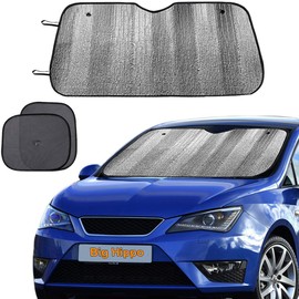 Big Hippo Windshield Sun Shade, Car Window Shade as Bonus by Big Hippo Keep Vehicle Cool Protect Your Car from Sun Heat & Glare Best UV Ray Visor Protector (Size: 55.16"X 27.5")