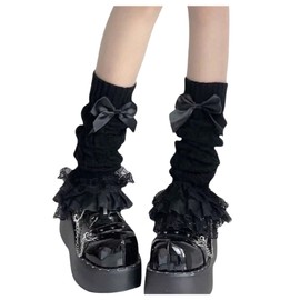 RoseSeek Women's 1 Pair Y2K Bow Front Lace Trim Leg Warmers Ribbed Knit Over Knee Pile Leg Warmers Long Socks Pure Black One-Size