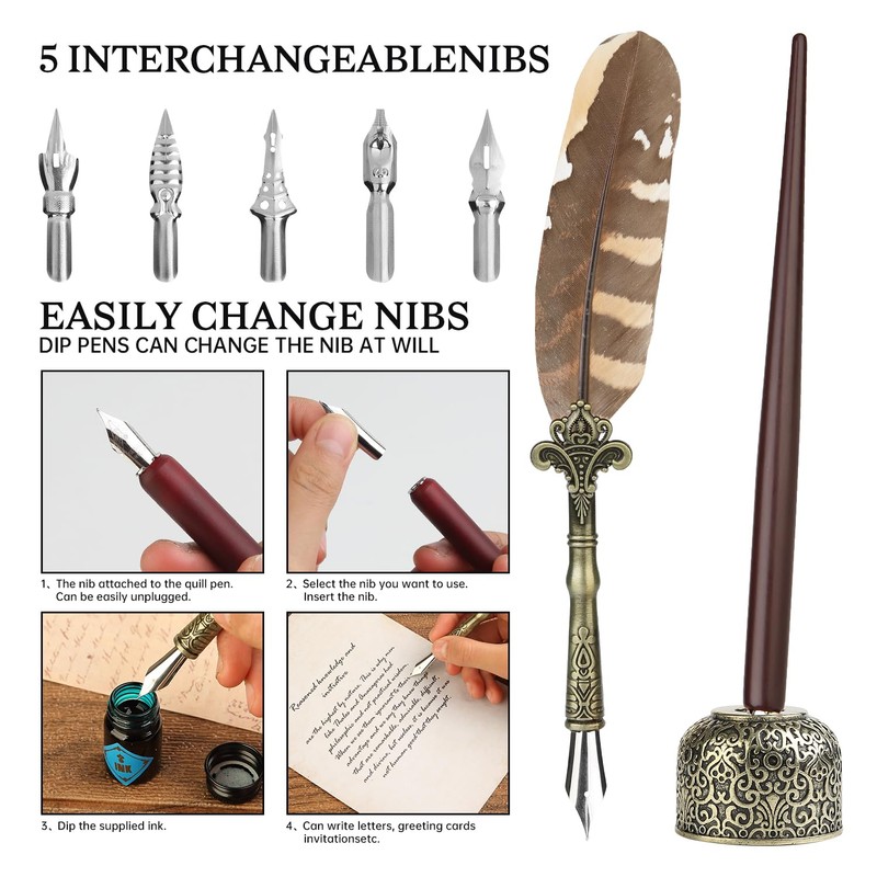 GC QUILL Feather Quill Calligraphy Pen & Wooden Dip Pen
