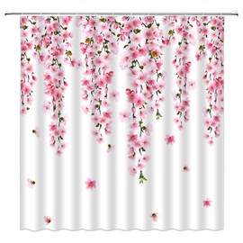 Cherry Blossom Shower Curtain Pink Flower Floral Weeping Vine Nature Spring Bathroom Home Curtain with Hooks,70" Wx70 H