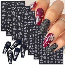 6 Sheets White Winter Snowflake Nail Stickers 3D Self Adhesive Christmas Nail Decals Xmas Snow Deer Snowman Xmas Tree Nail Design Holiday Christmas New Year Nail Decoration for Women Acrylic Nails