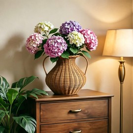 Handwoven Natural Rattan Flower Vase, Wicker Basket with Acrylic Liner, Double-Handle Nordic Style Vessel for Fresh & Dried Flowers, Rustic Farmhouse Decorative Pot for Boho Home Tabletop