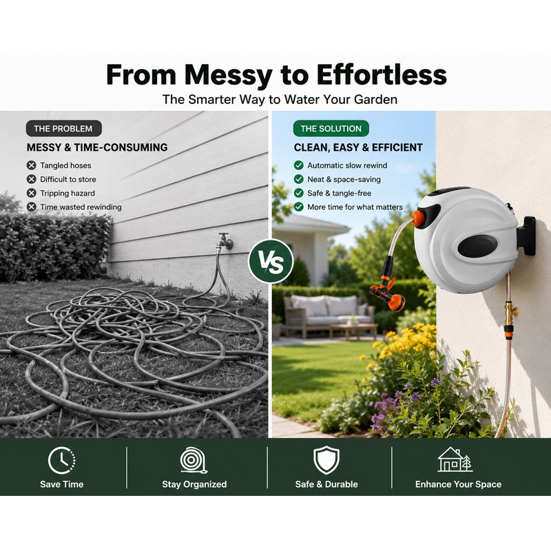 SucceBuy Retractable Garden Hose Reel 180° Swivel Bracket Wall-Mounted with