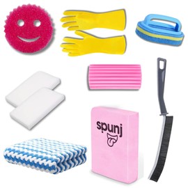 Ultimate Cleaning Bundle - Spunj Sponge, Damp Duster Sponge, Narrow Gap Brush, Gloves, Smiley Face Sponge, Microfibre Cloth, 2 Magic Sponges, Scrubber with Handle - Complete Cleaning Kit by Kevagh