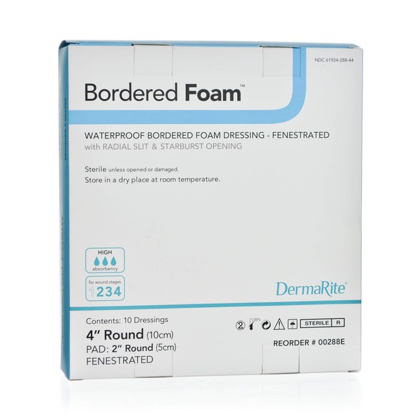 Dermarite Industries Bordered Foam Fenestrated Round, 4x4, 10 Count