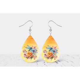 Twisted R Design Wildflower Dragonfly Print Wood Dangle Teardrop Print Earrings Jewelry