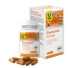 Raab Vitalfood Organic Curcuma Extract Capsules, 90 Capsules of 500 mg per Pack, with Curcuma Extract with Standardized Curcuminoid Content, Piperine and Turmeric Powder, Vegan