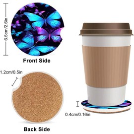 Ceramic Cup Holders Car Coasters for Women/Men,Fashion Absorbent Drink Cup Car Holder Coasters with A Finger Notch 2.56" Pack of 2,Blue Purple Butterfly