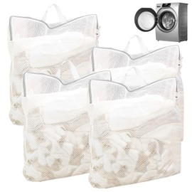 Pack of 4 Laundry Net for Washing Machine, 50 x 60 cm Laundry Bag Large with Handle, Reusable Travel Laundry Bag, Hanging Laundry Bag, for Sensitive Coats, Blouse, Bra etc. (White)