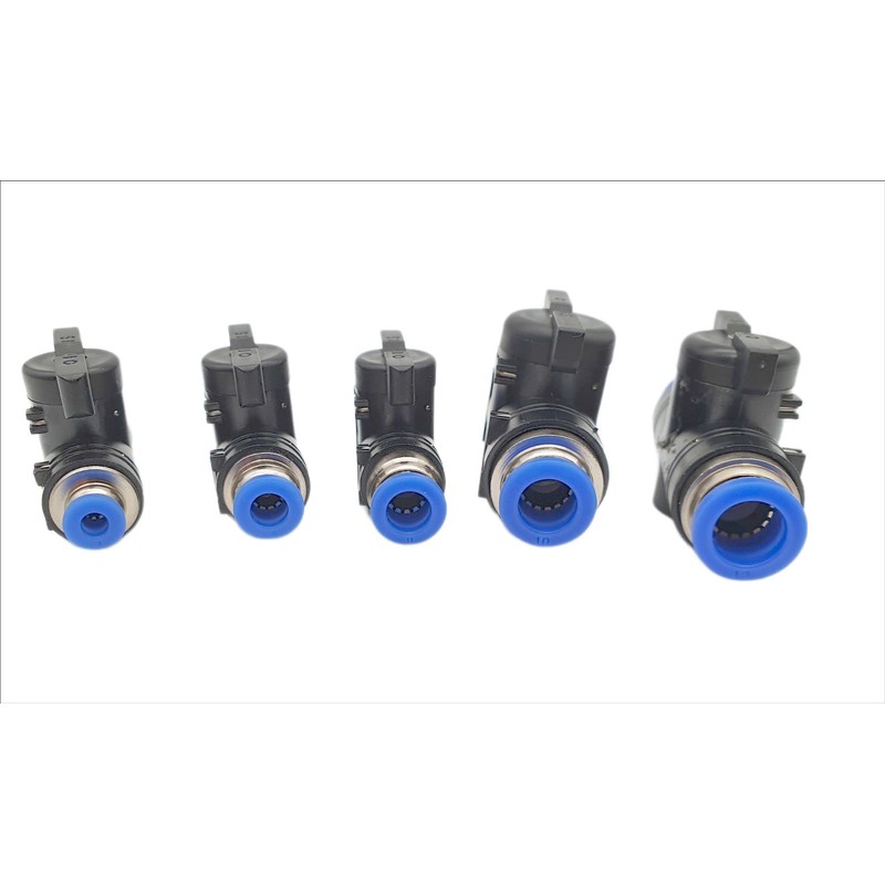 Shut-off valve with 8 mm plug-in connector, pneumatic connector, push