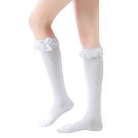 Lace Knee High Socks With Bows Ruffle Oktoberfest Long Tube Gothic Lolita Kawaii Calf Socks for Women Teen Girls (US, Alpha, One Size, Regular, Regular, white)