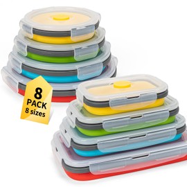 Collapsible Food Storage Containers with Lid & Air Vent, 8 Pack, 4 Rectangular + 4 Round, Annaklin Foldable Silicone Lunch Containers Collapsible Bowls Set, Microwave Freezer Dishwasher Safe, 4 Colors