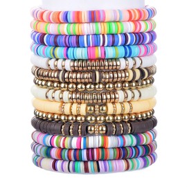 YJJelt Clay Bead Bracelets for Women 14pcs Heishi Bracelets Set Cute Preppy Friendship Bead Bracelets for Women Boho Surfer Colorful Stackable Stretch Bracelets Jewelry