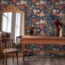 VEELIKE Navy Blue Floral Peel and Stick Wallpaper Vintage Dark Floral Wallpaper for Bathroom Bedroom 17.7''x354'' Prepasted Removable Botanical Wallpaper Renter Friendly Floral Mural for Living Room