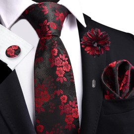 GUSLESON Mens Black Red Tie for Wedding Floral Silk Necktie Pocket Square Cufflinks and Lapel Pin Brooch Set (6107-09)