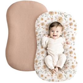Konssy Muslin Baby Lounger Cover 2 Pack, 100% Cotton Newborn Lounger Cover, Soft and Breathable Lounger Slipcover for Boys Girls, Covers Only (Peach, Flowers)