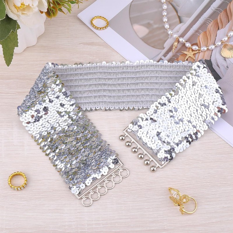 CABODYALS 73mm Silver Wide Elastic Glitter Sequin Dance Belt for