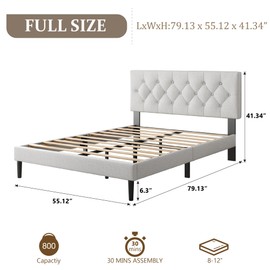 CXVX Full Size Platform Bed Frame with Upholstered Headboard, Button Tufted Design, Strong Wooden Slats, No Box Spring Needed, Easy Assembly, Noise Free