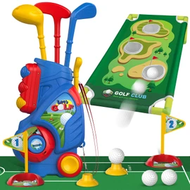 Liberry Toddler Golf Set for 2 3 4 5 Years Old Boys Girls, Upgraded Kids Golf Cart with Golf Cornhole Board & Putting Mat, Indoor and Outdoor Golf Toys Birthday Gifts
