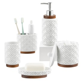 RQYIXI Bathroom Accessories Set 5 Pieces Toothbrush Holder Soap Dispenser Ceramic Bathroom Accessory Set Contain Cotton Swab Jar Toothbrush Cup Soap Dish Tumbler