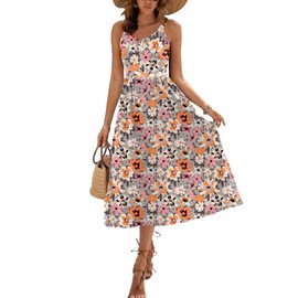 Zeagoo Midi Boho Dresses for Women Floral Sleeveless V Neck A Line Casual Daily Wear Party Club Office Dress with Pockets Multicolor