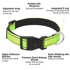 Dog Collars Adjustable for Medium Dogs,Heavy Duty Waterproof Dog Collar with Quick Release Buckle,Girl Boy Female Male Reflective Nylon Dog Collar with Soft Neoprene Padded,M,Green