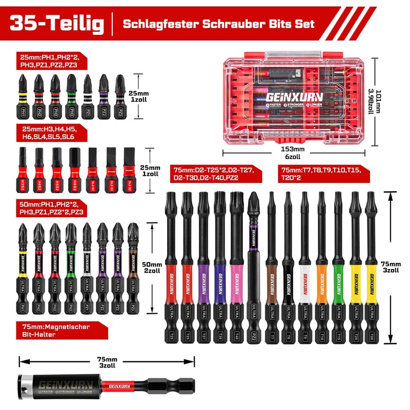 GEINXURN 35-Piece Impact Resistant Screwdriver Bit Set, S2 Steel Magnetic