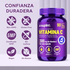 Vitamina C 300 mg con Jengibre – Cápsulas Veganas de Vitamina C Pura para Inmunidad y Energía – Suplemento Natural con Antioxidantes – Sin OGM, Sin Gl