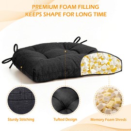 Kyaringtso Chair Cushions for Dining Chairs Set of 4, Non Slip Indoor Kitchen Chair Cushions with Ties, Tufted Memory Foam Seat Chair Pads, 17" x 16" x 3", Black