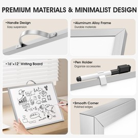 MaxGear Dry Erase Board for Wall, 16"x12" Hanging Whiteboard, Double Sided Small White Board with Handle, Silver Aluminum Alloy Frame Vertical Whiteboard for Students - Planning, Drawing, Memo