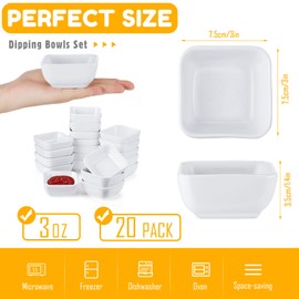 Tanlade 20 Pcs 3 oz Dipping Sauce Bowls Soy Sauce Dishes White Ceramic Dip Bowls Set Porcelain Dip Mini Bowls Square Dipping Sauce Cup for Tomato Sauce BBQ Ketchup Sushi and Other Party Supply Dinner