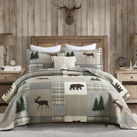 PERHOM Quilt Queen Size - 100% Cotton Lightweight Cabin Plaid Queen Quilt Bedding Set, Forest Tree Brown Bear Deer Patchwork Reversible Bedspread/Comforter Set with 2 Pillow Shams, 3PCS