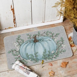 Artoid Mode Blue Pumpkin Eucalyptus Fall Doormat, Autumn Home Decor Low-Profile Switch Rug Door Mat Floor Mat for Indoor Outdoor 17x29 Inch