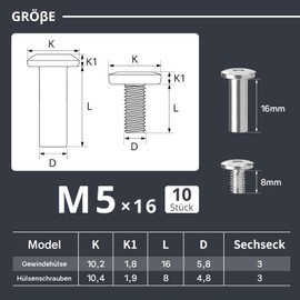 Dayalo M5 x 16 mm Connection Screws Furniture Screws Cabinet Connector Sleeve Screws Stainless Steel A2 V2A with Hex Key for Furniture, Cabinets, Wood Bread, Pack of 10