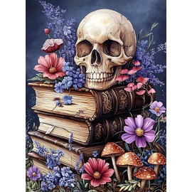 Diamond Art Kits for Adults Beginner, Skull Vintage Books Diamond Painting Kits 5D Diamond Dots Gem Art Crafts with Tools, Round Full Drill Funny Crafts for Home Wall Decor&Gift-12x16 inch