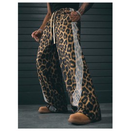 Verdusa Men's Cheetah Print Baggy Pants Wide Leg Striped Cheetah Y2K Trousers Multicolor Large