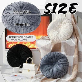 Drydiet 3 Pcs Round Pillows 15'' Diameter Velvet Pleated Throw Pillows Accent Pumpkin Throw Pillows Boho Chair Cushion for Couch Sofa Chair Bed Home Decoration, 3 Colors (Black, White, Gray)