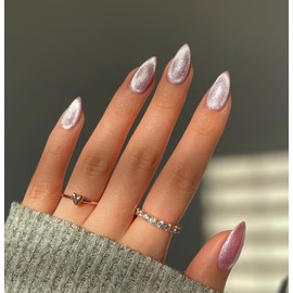 SXVME Uñas Postizas Color Rosa Nude, Uñas Postizas Color Nude Estilo Ojo De Gato, Uñas Postizas Cortas Con Purpurina Y Pegamento, Uñas Postizas Acríli