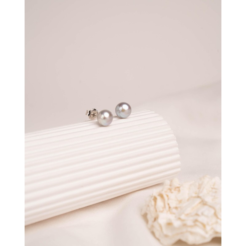 Women's Pearl Earrings Grey Freshwater Cultured Pearls Button Shape Grey