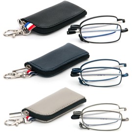 REAVEE 3 Pack Folding Reading Glasses with Keychain Compact Bags Women Men Blue Light Blocking Spring Hinge Portable Pocket Readers,Black Grey and Blue 1.25