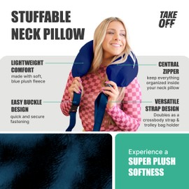 TAKE Off Stuffable Neck Pillow – Customizable Travel Pillow with Storage for Clothes – Soft Fleece Flight Support with Crossbody and Luggage Strap – Compact for Airplane, Road Trips & Camping