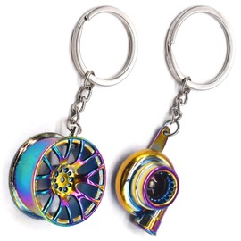 Qixuer 2 Pieces Metal Key Chain,Mini Turbo Keychain Car Metal Key Chain Turbocharger Spinning Turbine Keyring Car Rim Wheel Keychain Tire Wheel Keychain Auto Parts Model Keychain for Men