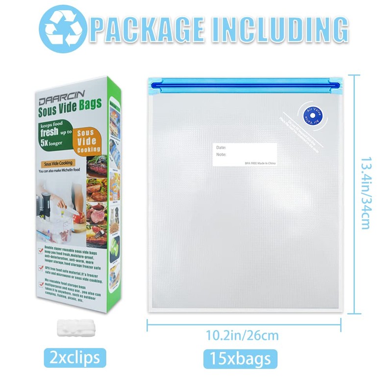 Daarcin Large Sous Vide Bags,15pcs10.2x13.4in/26 * 34cm BPA Free Reusable