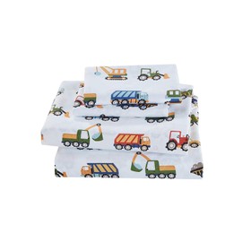 Elegant Homes Construction Site Equipment Trucks Tractors Cranes Excavators Design 3 Piece Printed Sheet Set with Pillowcases Flat Fitted Sheet for Boys/Kids # Construction Trucks (Twin Size)