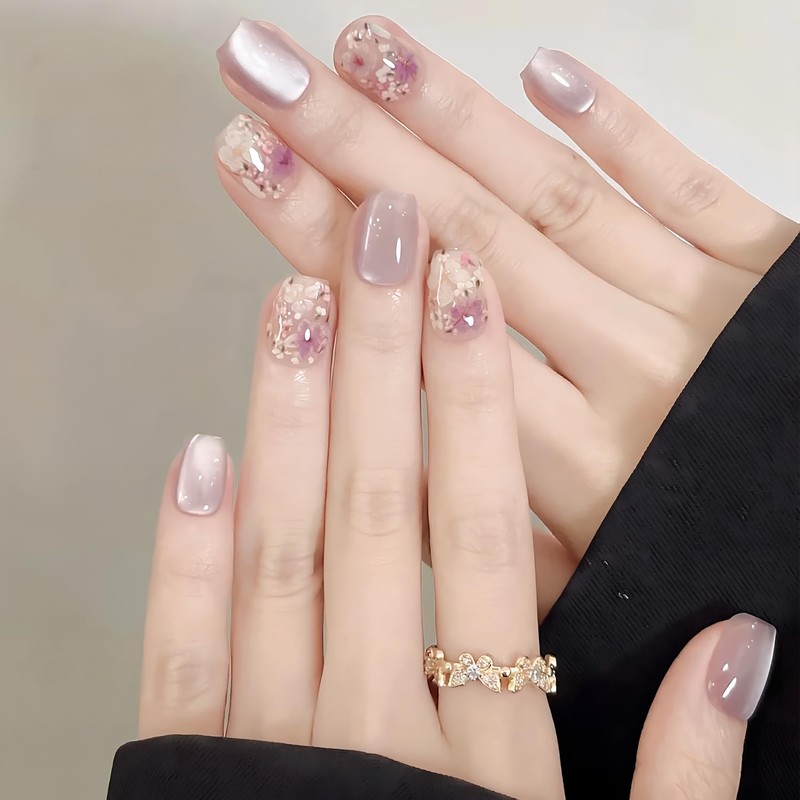 [ALLEVG]ネイルチップ 30枚入マグネットタイプ フェミニンラベンダーキャットアイ プチデイジーモチーフ付き付け爪 春夏 人気 和風 かわいい シンプル おしゃれ