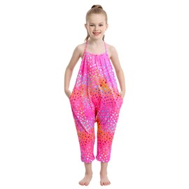 Alikhonf Girls Jumpsuit Size 5-6 Years Old Backless Loose Harem Long Pant Neon Pink Heart Halter Romper