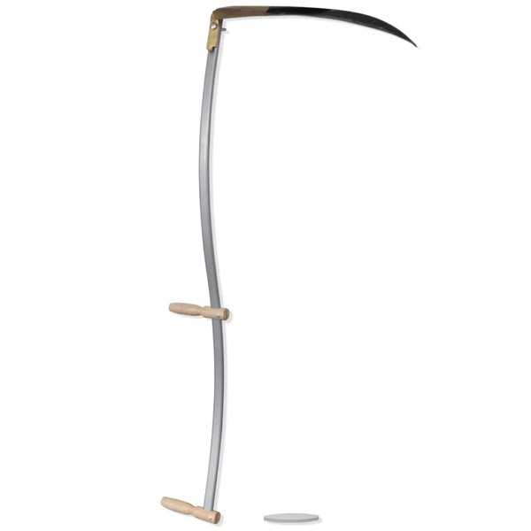 vidaXL Scythe, Brush Cutter with Grinding Stone, Grass Sickle with Curved Steel Blade and 2 Wooden Handles, Portable Gardening Hand Tool